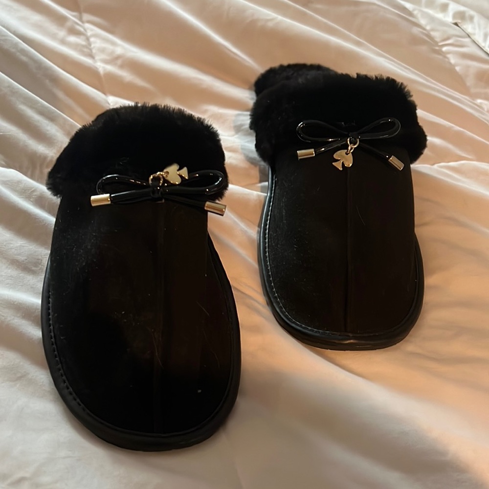 kate spade Black Faux Fur Bow Backless Slippers